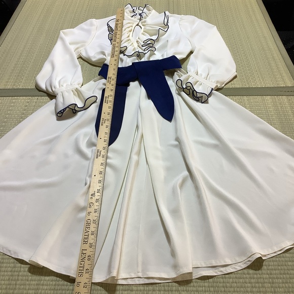 Vintage White Ruffle Dress Blue Trim ILGWU Tag Adolph Schuman for Lilli Ann 70s - Picture 2 of 11